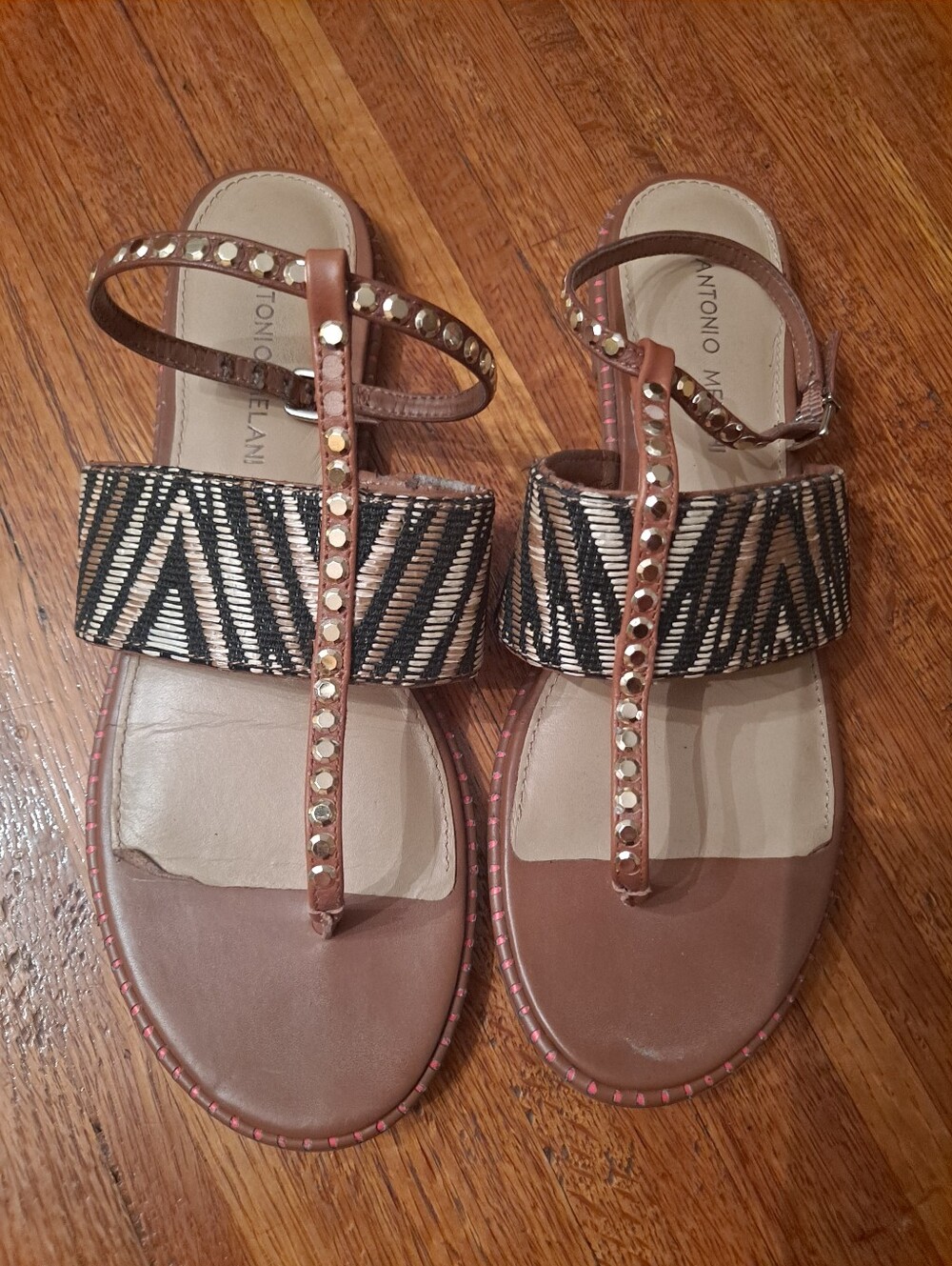 ANTONIO MELANI Brown and Black Embellished T-Strap Sandals